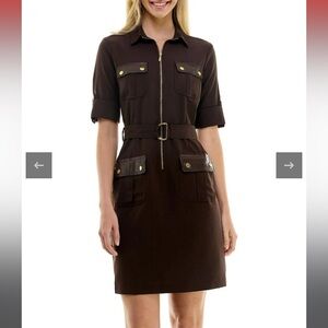 Four Pocket Sharkskin Shirtdress With Pleather Trim Espresso